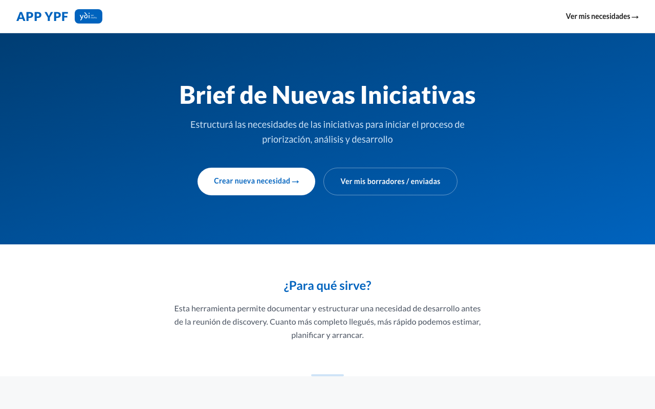 Captura de la landing de Brief de Nuevas Iniciativas