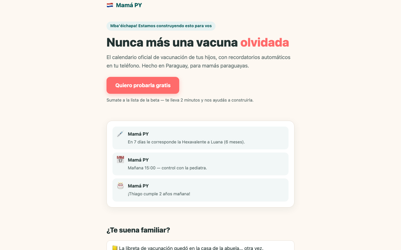 Captura de la landing de Mamá PY